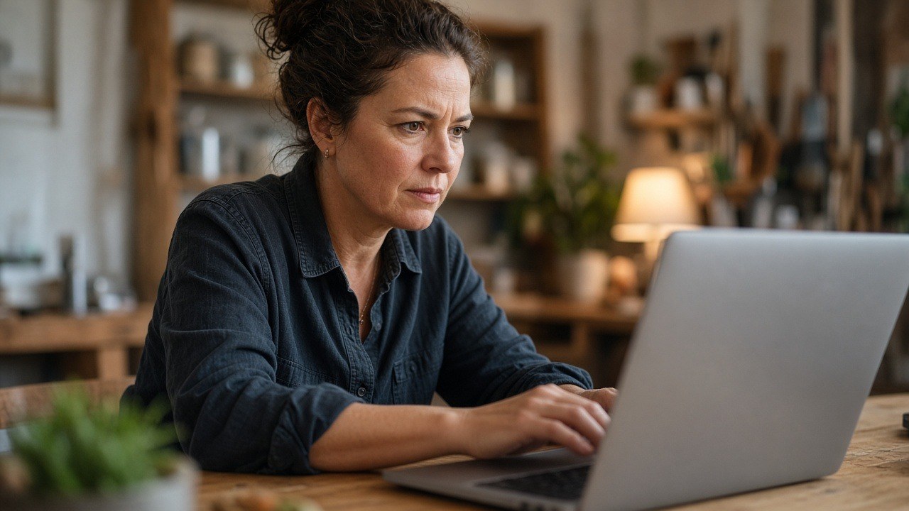 Focused business owner reviewing monthly payments on a laptop
