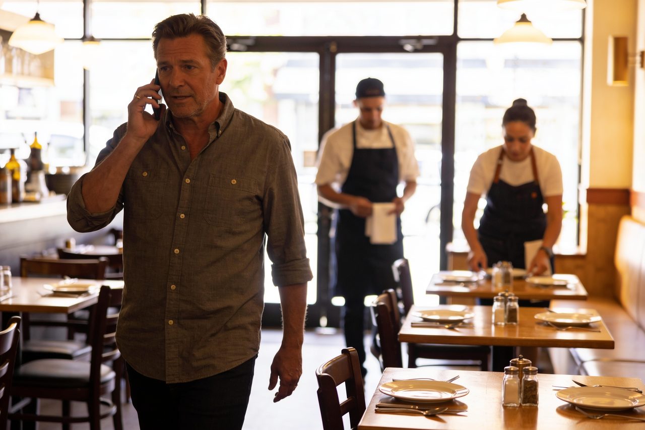 Restaurant owner on a phone call while walking the dining room of one of his multiple business locations.
