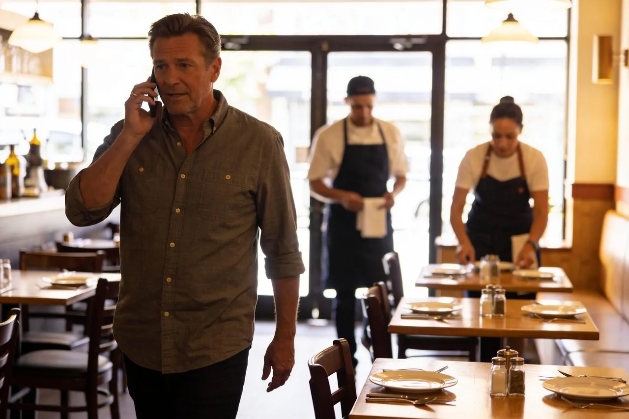 Restaurant owner on a call while walking the floor of one of his locations