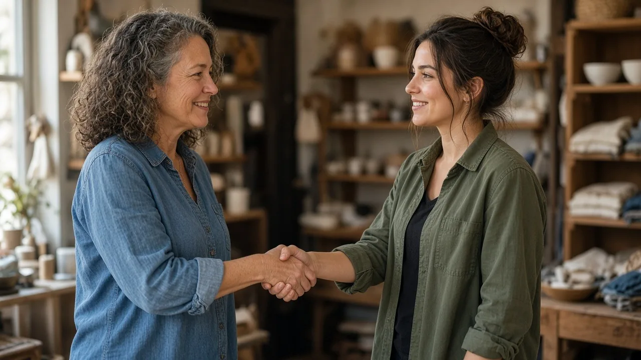 Shop owner in a denim shirt shaking hands with a smiling new hire in an olive jacket among shelves of pottery and folded textiles