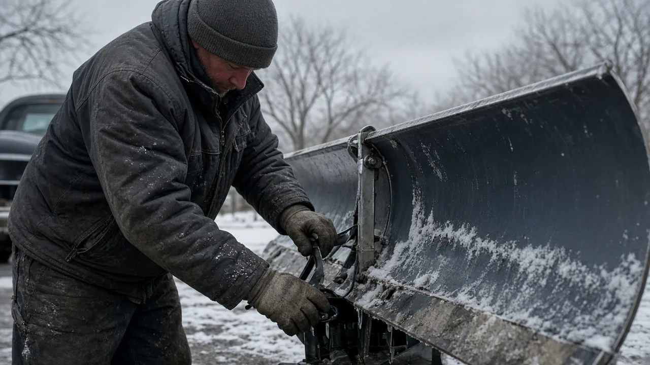Seasonal snow plow operator checking the hitch of a plow blade in winter