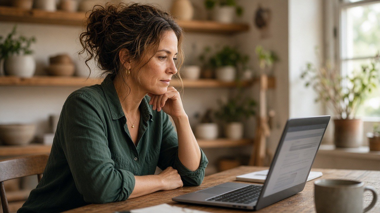 Shop owner reviewing advertising results on a laptop in her office