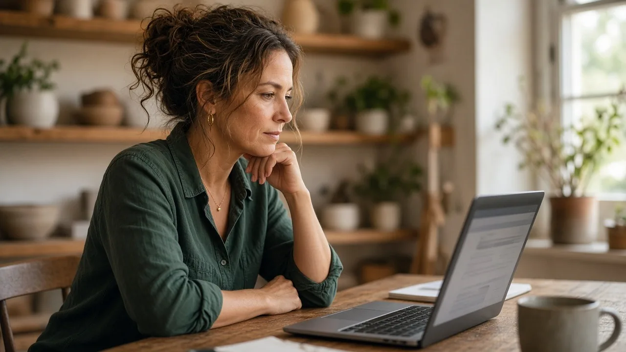 Shop owner reviewing advertising results on a laptop in her office
