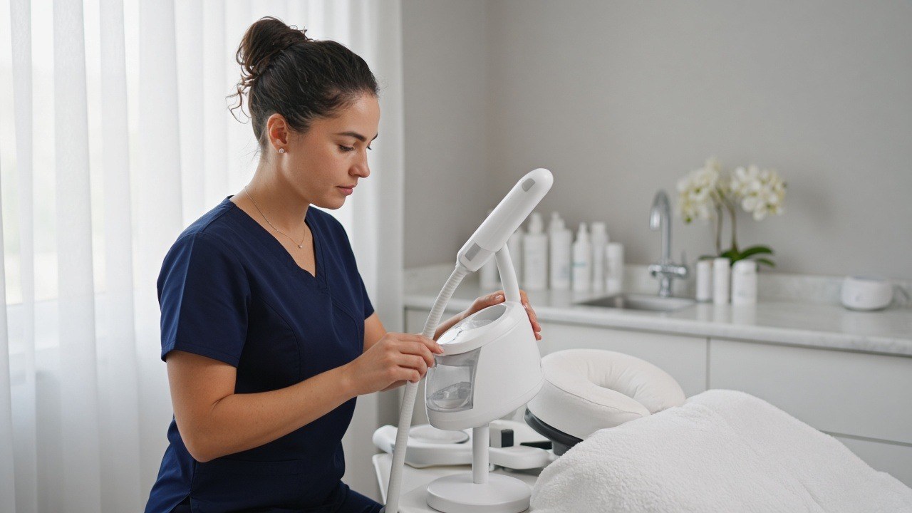 Med spa esthetician preparing a facial steamer beside a treatment bed