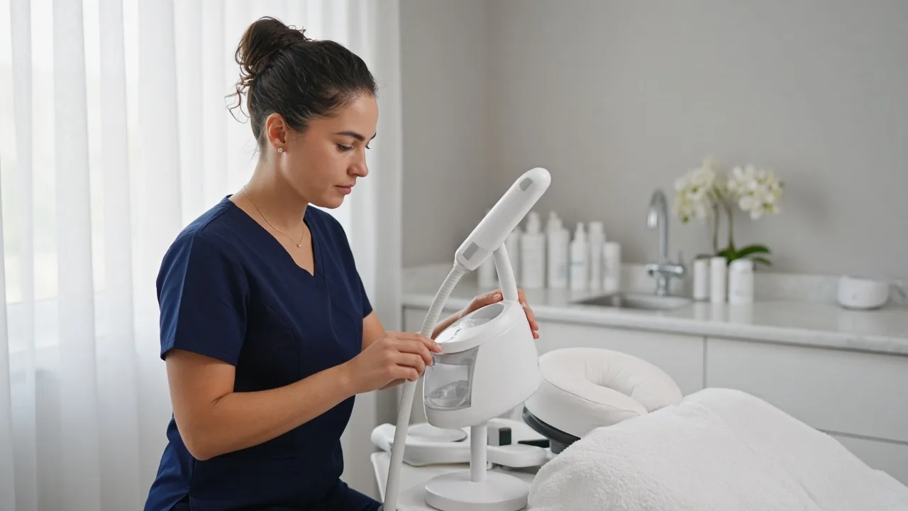Med spa esthetician preparing a facial steamer beside a treatment bed