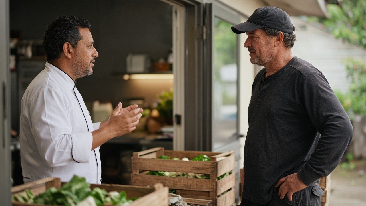 Restaurant owner in chef whites negotiating with a produce supplier at the back door
