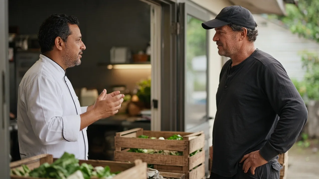 Restaurant owner in chef whites negotiating with a produce supplier at the back door