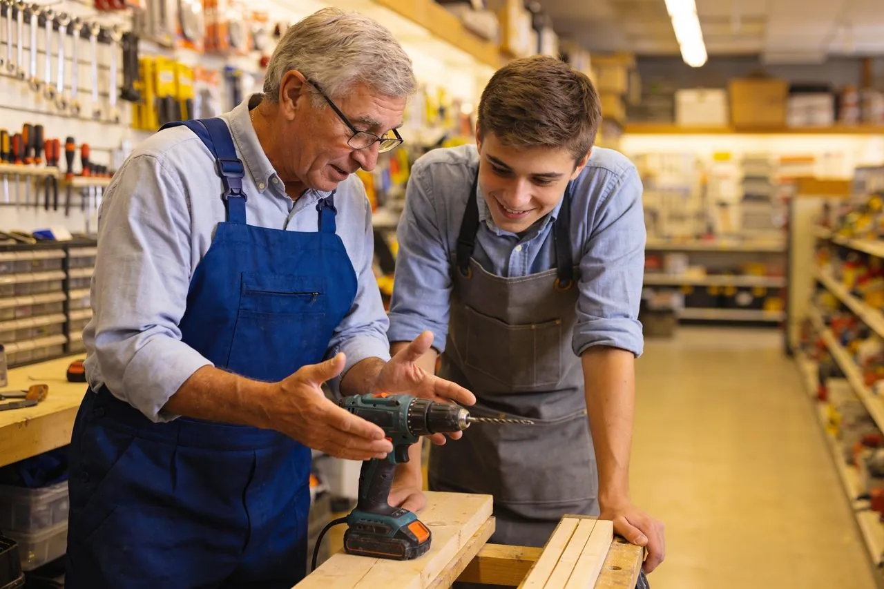 Hardware store owner training a new employee on his first day