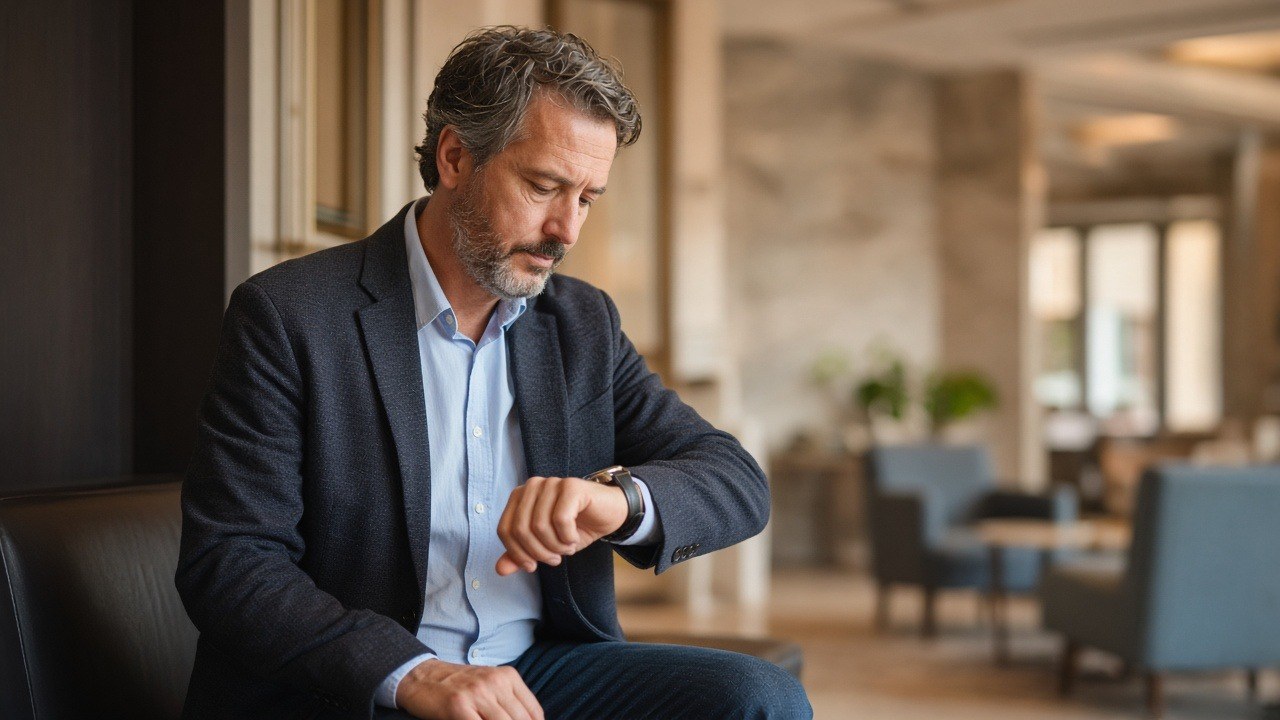 Business owner in a navy blazer checking his watch while waiting in a marble bank lobby