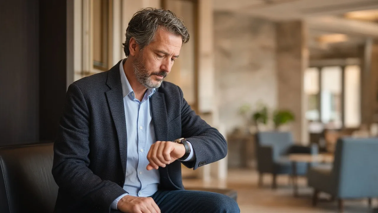 Business owner in a navy blazer checking his watch while waiting on a leather bench in a marble bank lobby