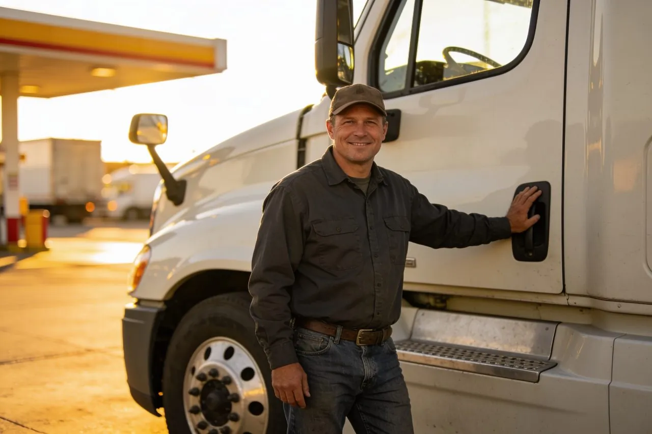 Owner-operator truck driver standing beside his semi truck at sunrise