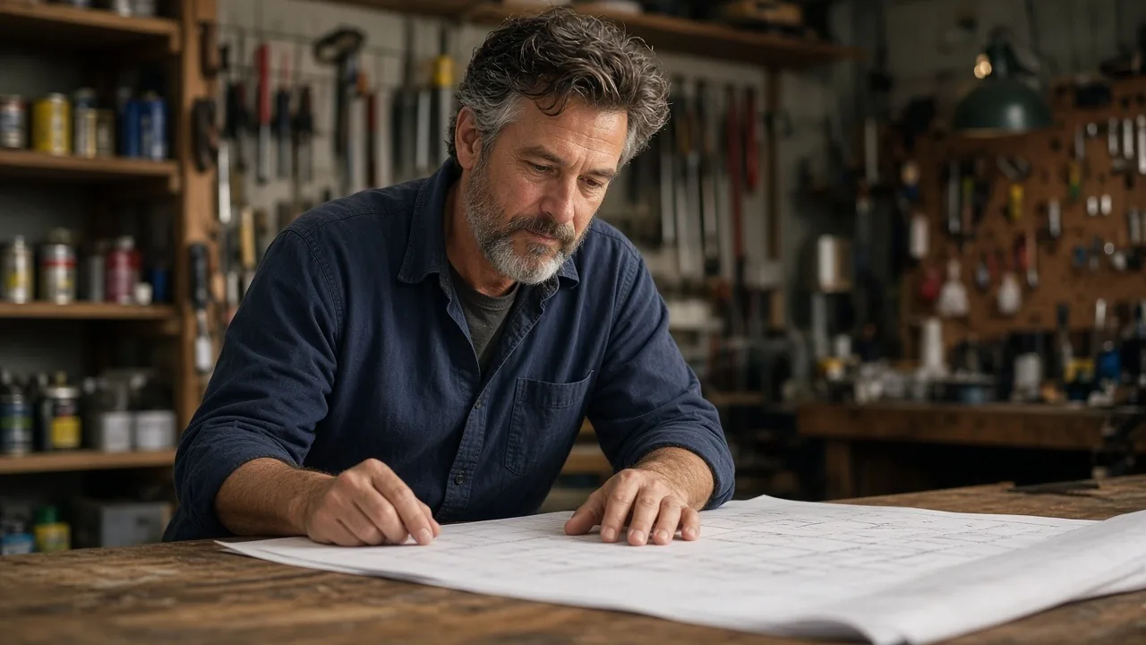 Hardware store owner reviewing plans spread across his counter after hours