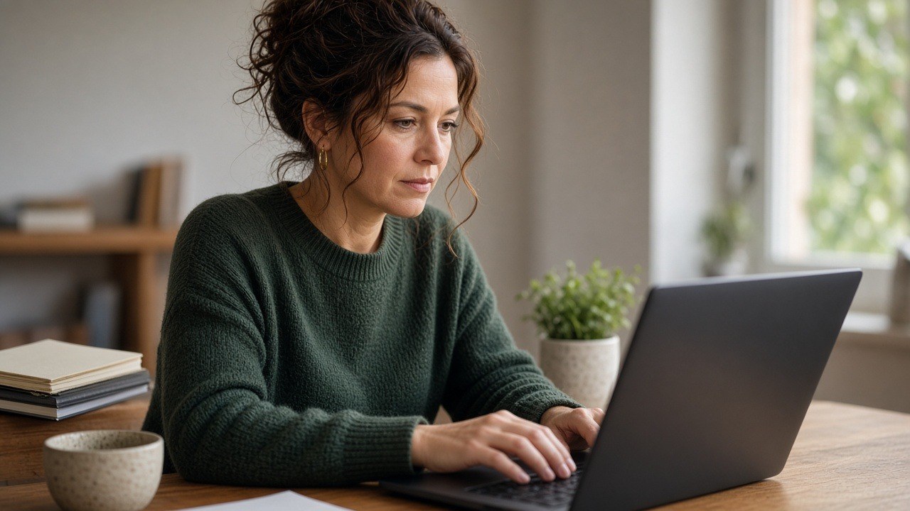 Business owner in a green sweater working through figures on a laptop at a home office desk beside a stack of notebooks