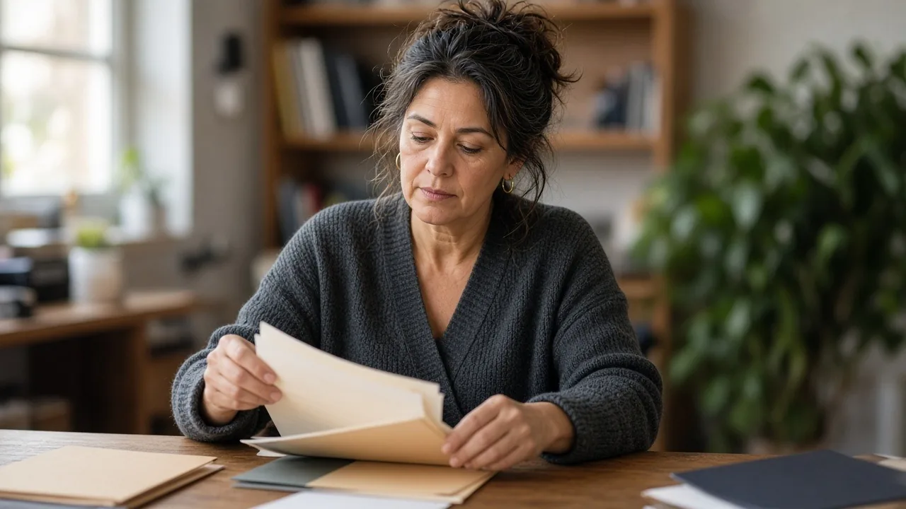 Business owner sorting documents from folders at her desk before applying for funding
