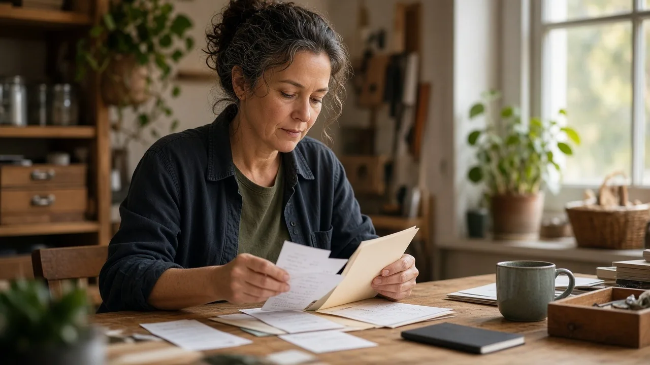 Business owner sorting receipts into folders at a wooden desk