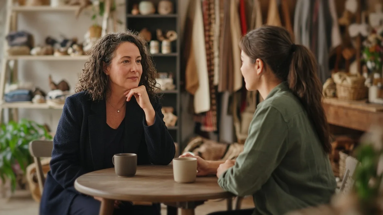 Business owner listening to an employee during a one-on-one check-in over coffee in a boutique shop