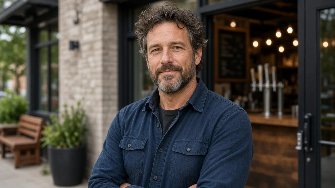 Brewery owner standing outside the entrance of his new taproom