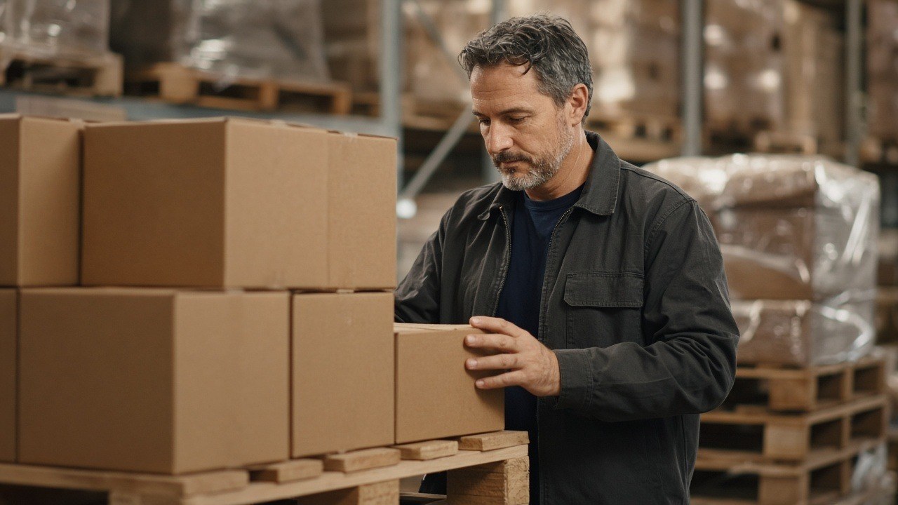 Wholesale distributor checking boxed goods on pallets in a warehouse