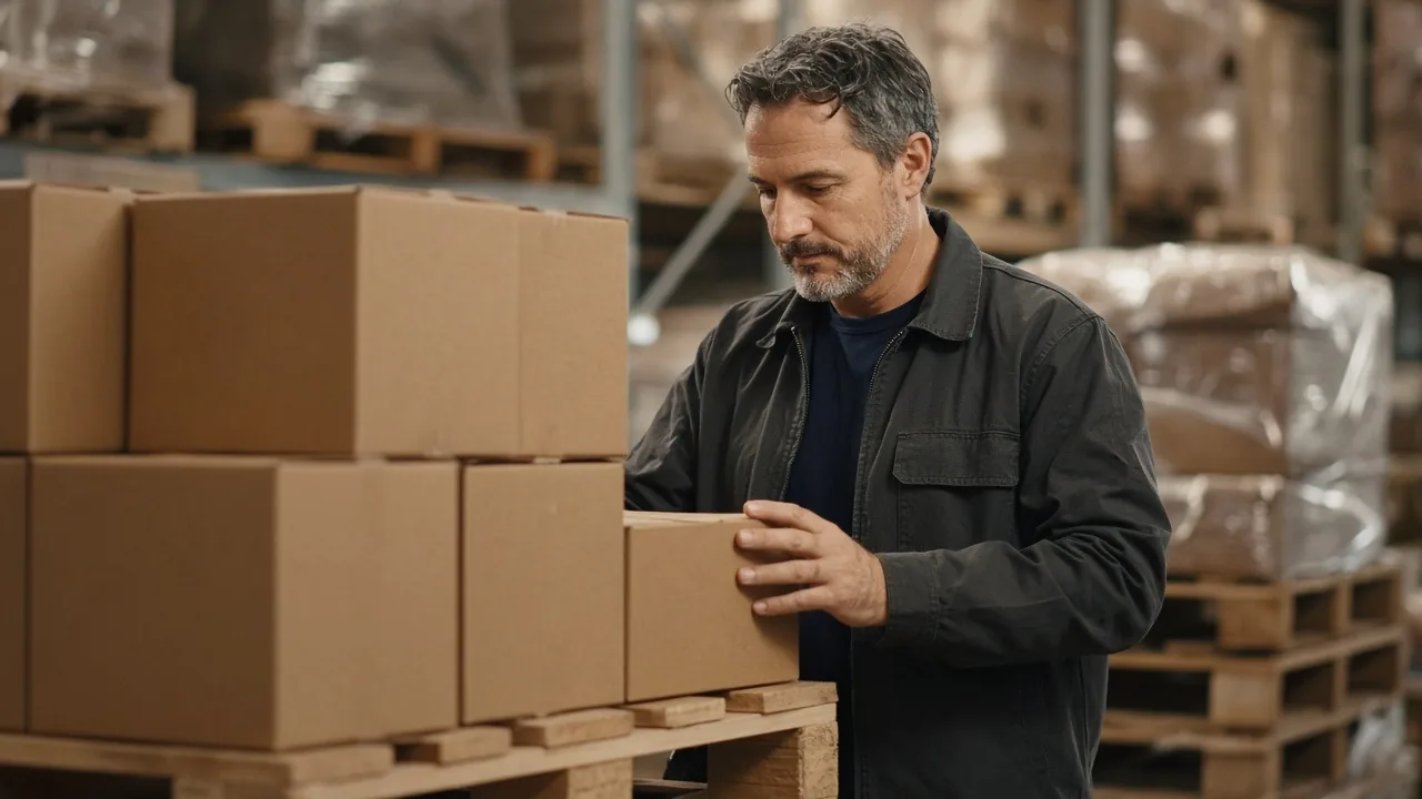 Wholesale distributor checking boxed goods on pallets in a warehouse