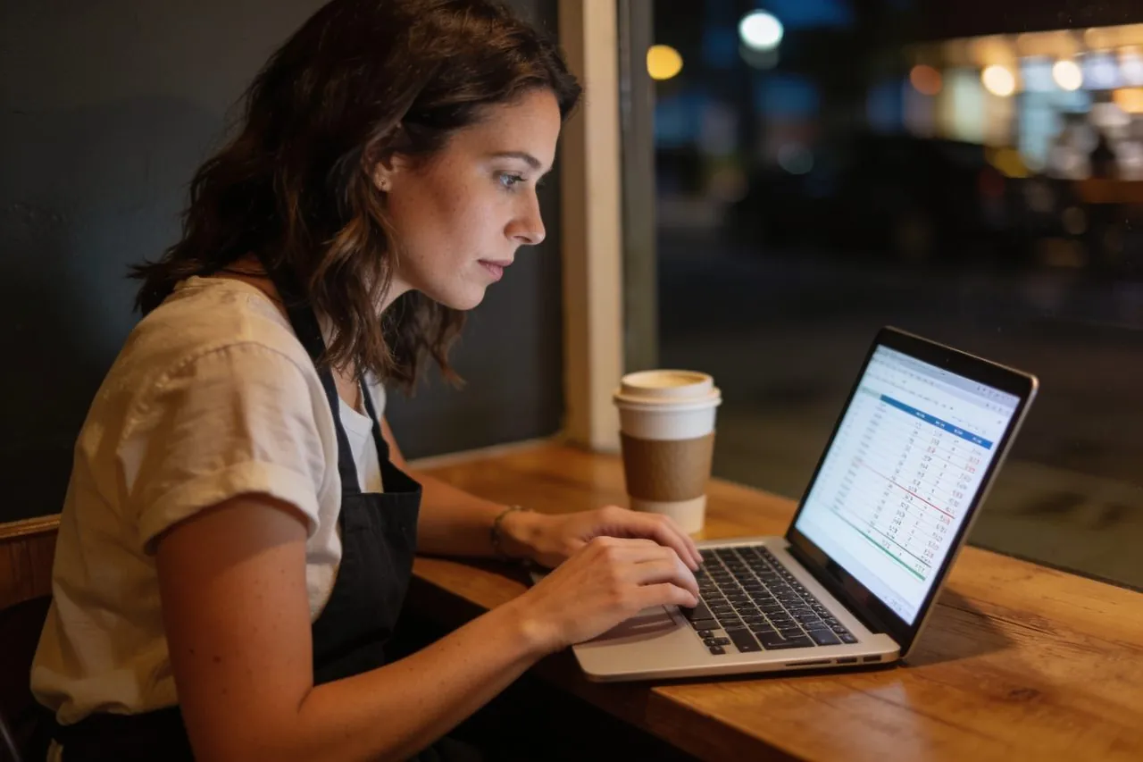 Cafe owner reviewing her profit and loss numbers on a laptop after hours