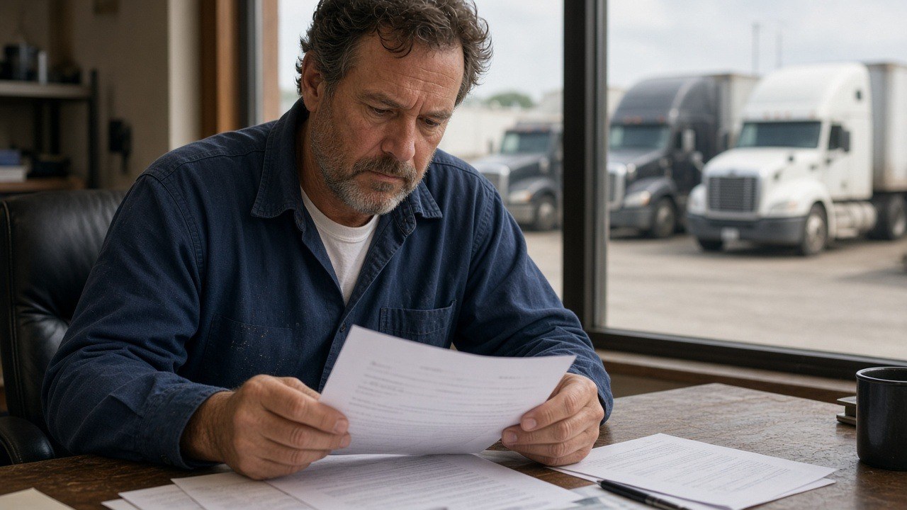 Trucking company owner reviewing invoices at his desk with trucks outside