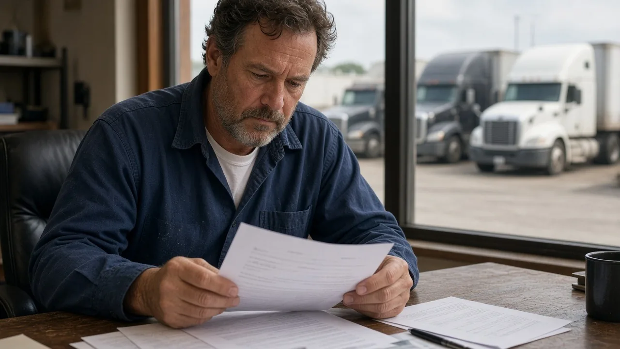 Trucking company owner reviewing invoices at his desk with trucks outside