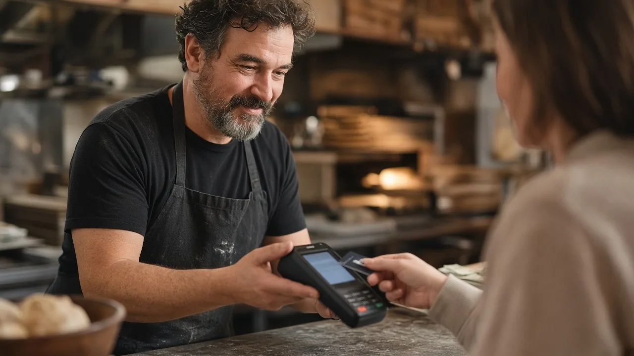 Bakery owner in a black apron holding a card terminal as a customer taps her card at the counter