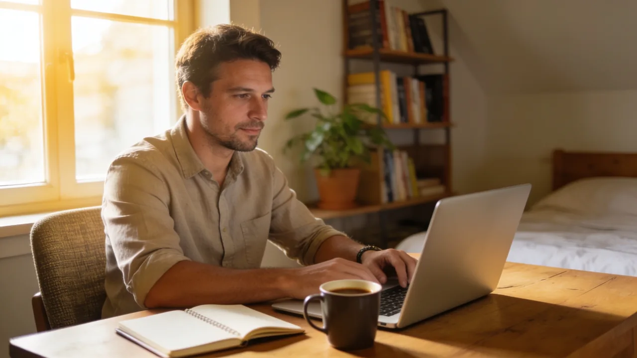 Small business owner working at a wooden desk in a sunlit home office with an open laptop, a notebook and a mug of coffee