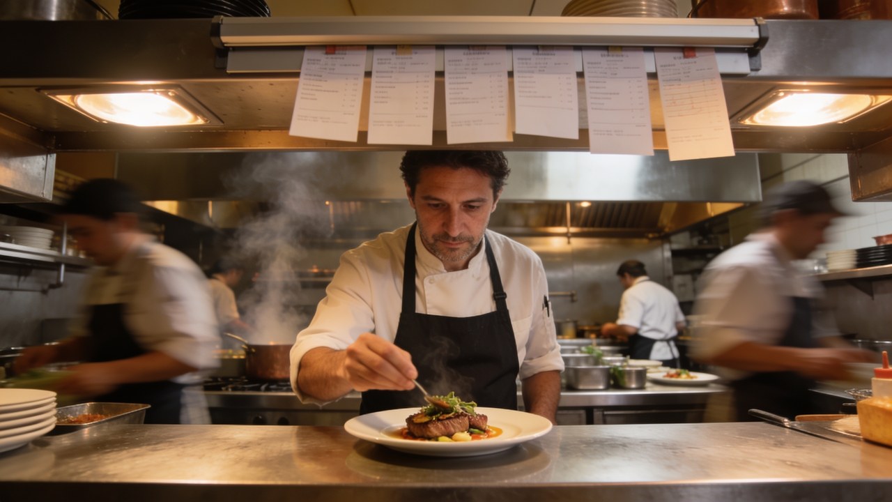 Independent restaurant owner-chef plating a dish at the pass during service in a busy professional kitchen