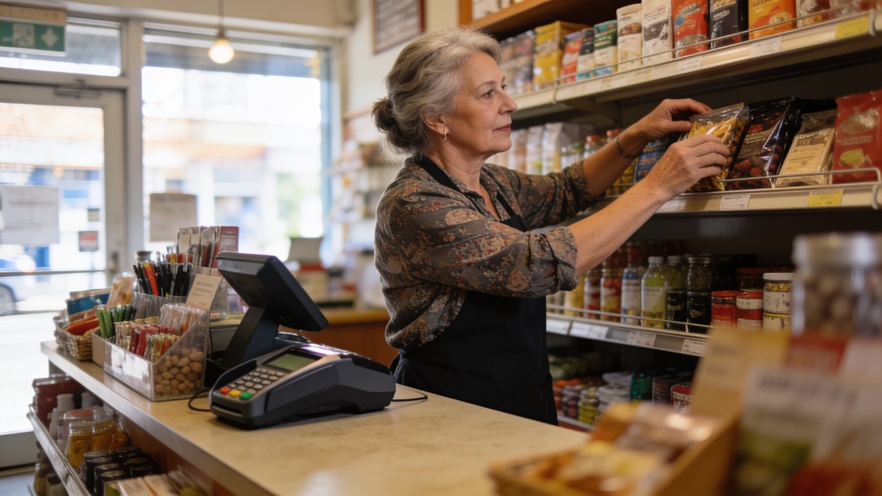 Independent retail shop owner arranging stock behind the counter of her small neighborhood store