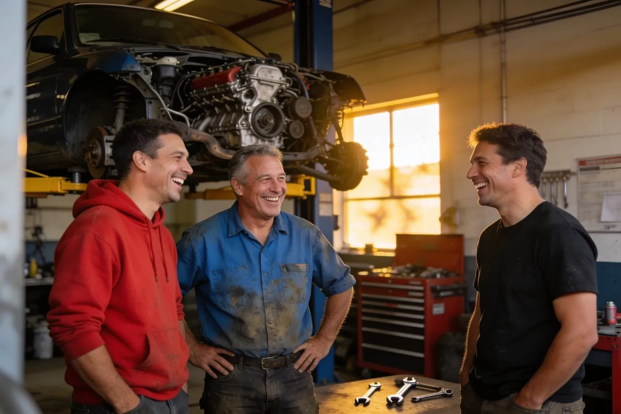 Auto shop owner laughing with his long-time mechanics in the garage