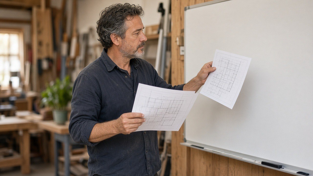Business owner comparing two plans beside a whiteboard in his workshop
