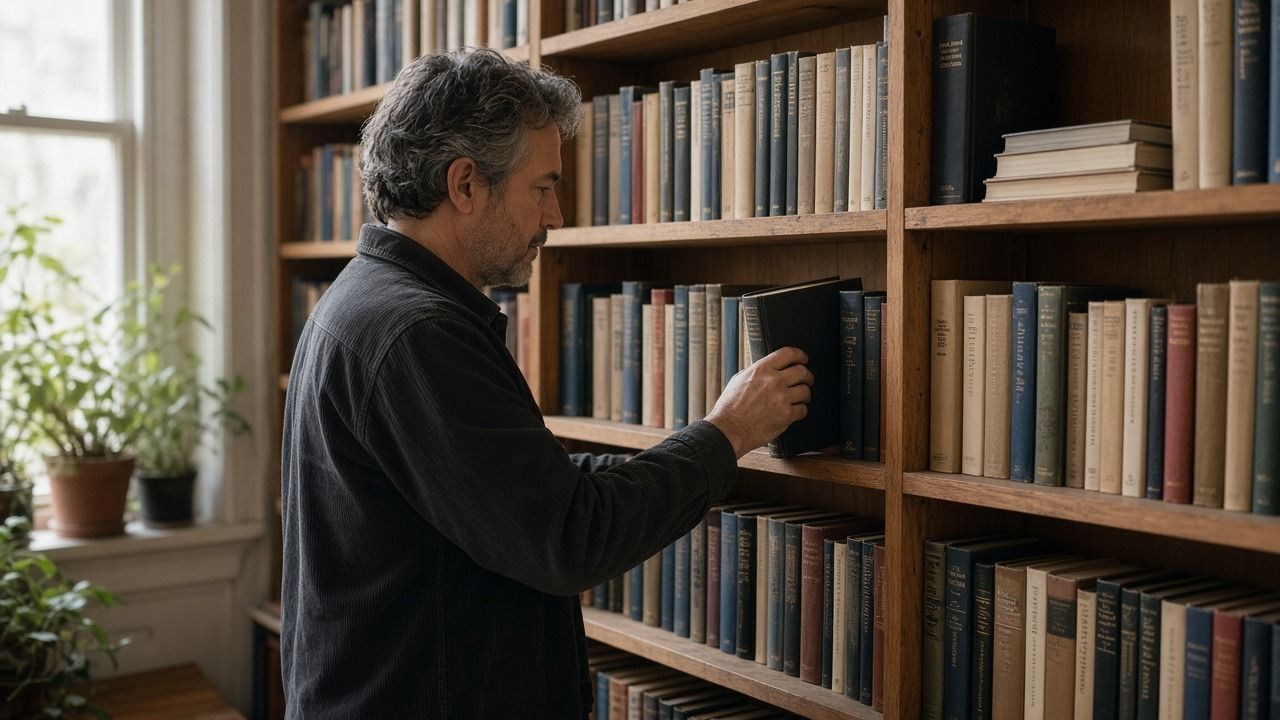 Bookstore owner shelving books in his shop before opening day