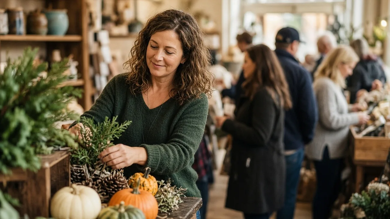 Shop owner arranging a seasonal pumpkin display while shoppers browse