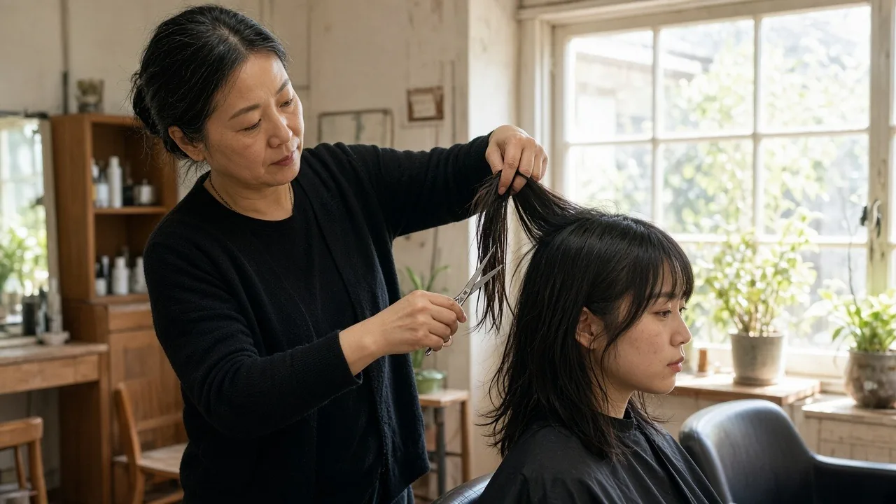 Salon owner cutting a client's hair beside a sunlit window in her small independent salon