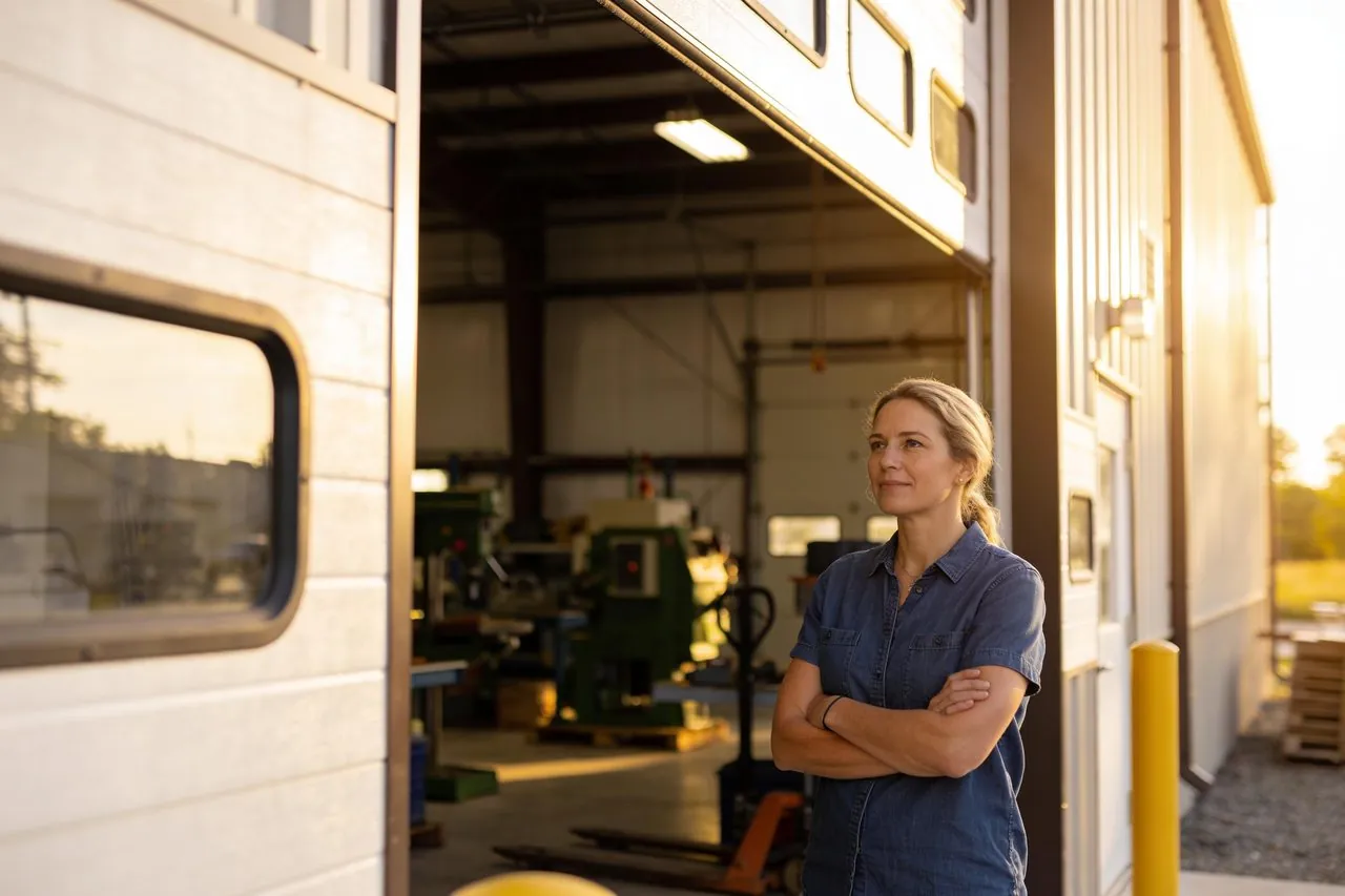 Manufacturing business owner outside the commercial building she purchased