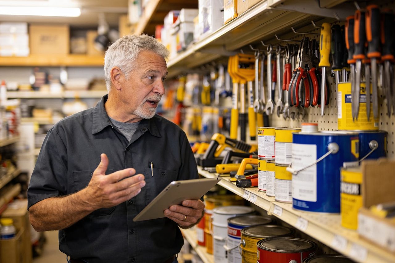 Hardware store owner reviewing options on a tablet in his shop