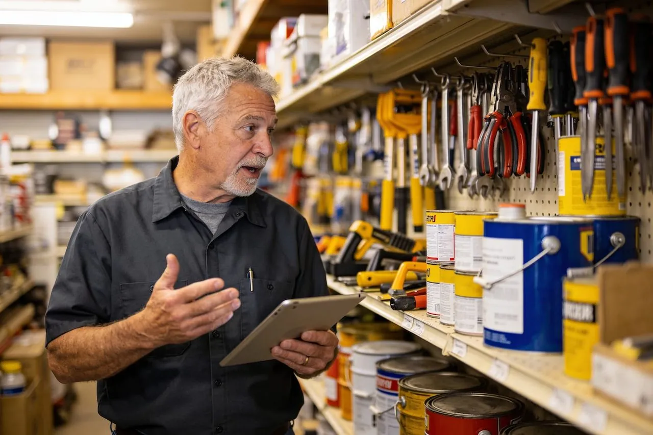 Hardware store owner reviewing options on a tablet in his shop