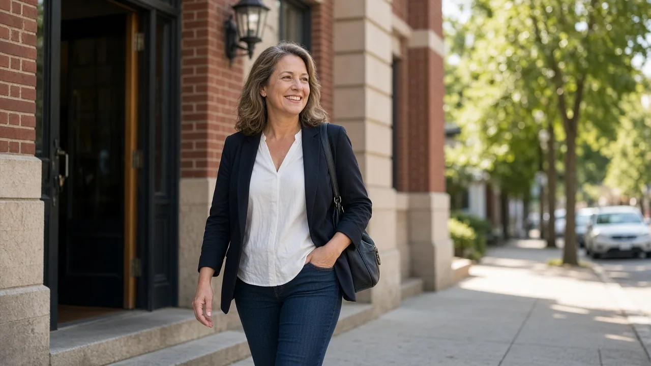 Smiling small-business owner in a navy blazer and jeans walking out of a red-brick bank building onto a tree-lined sidewalk with a leather bag on her shoulder