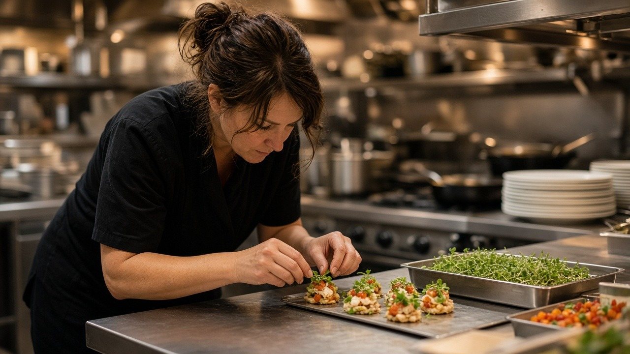 Chef plating a tray of identical appetizers in a commercial kitchen