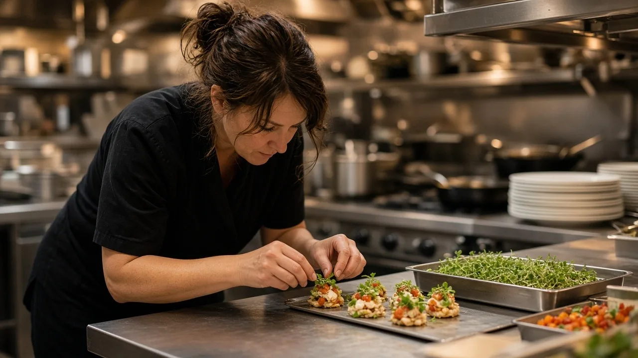 Chef plating a tray of identical appetizers in a commercial kitchen