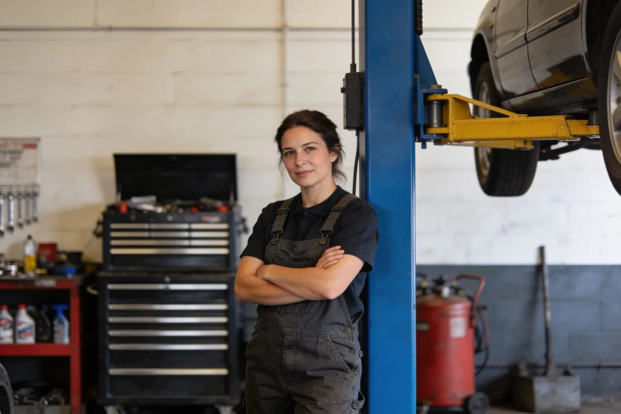 Auto repair shop owner standing beside a vehicle lift in her garage