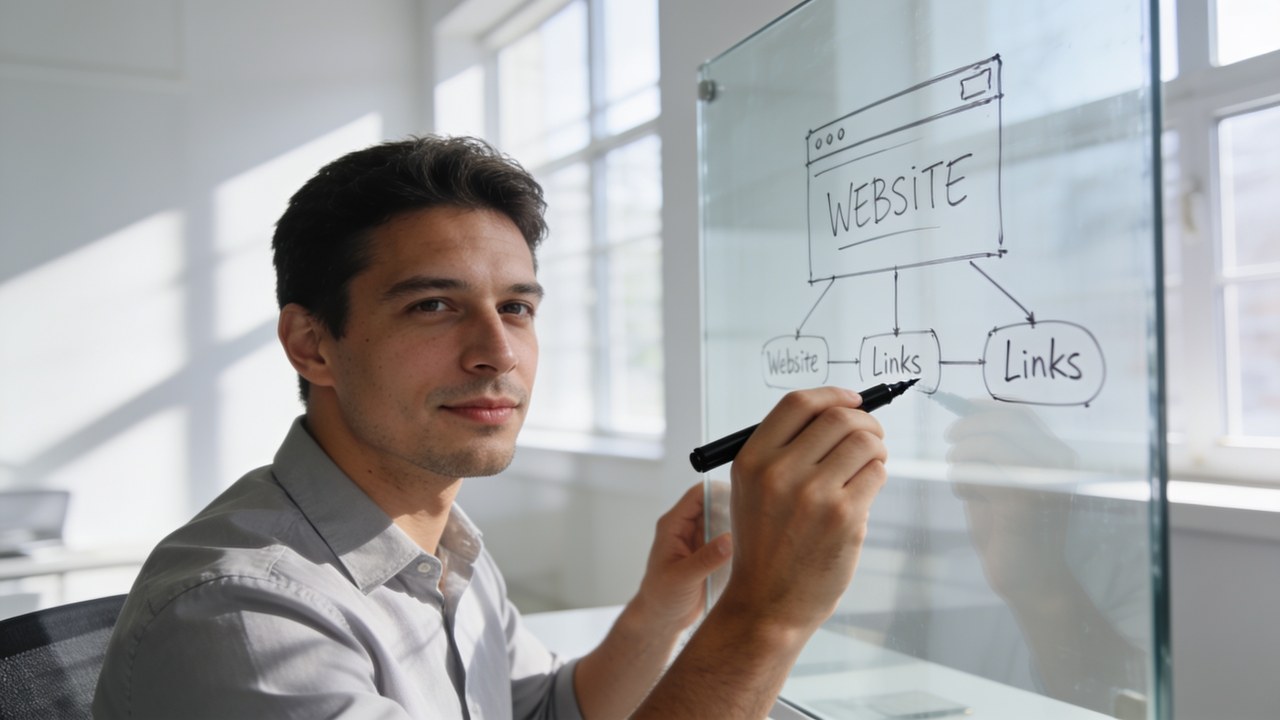 Small business owner planning a marketing and SEO strategy on a whiteboard