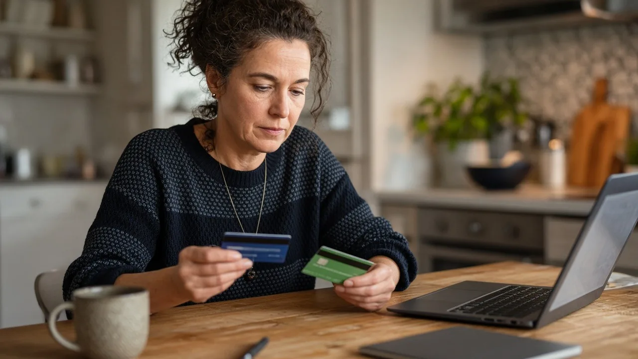 Business owner at a kitchen table comparing two bank cards beside a laptop