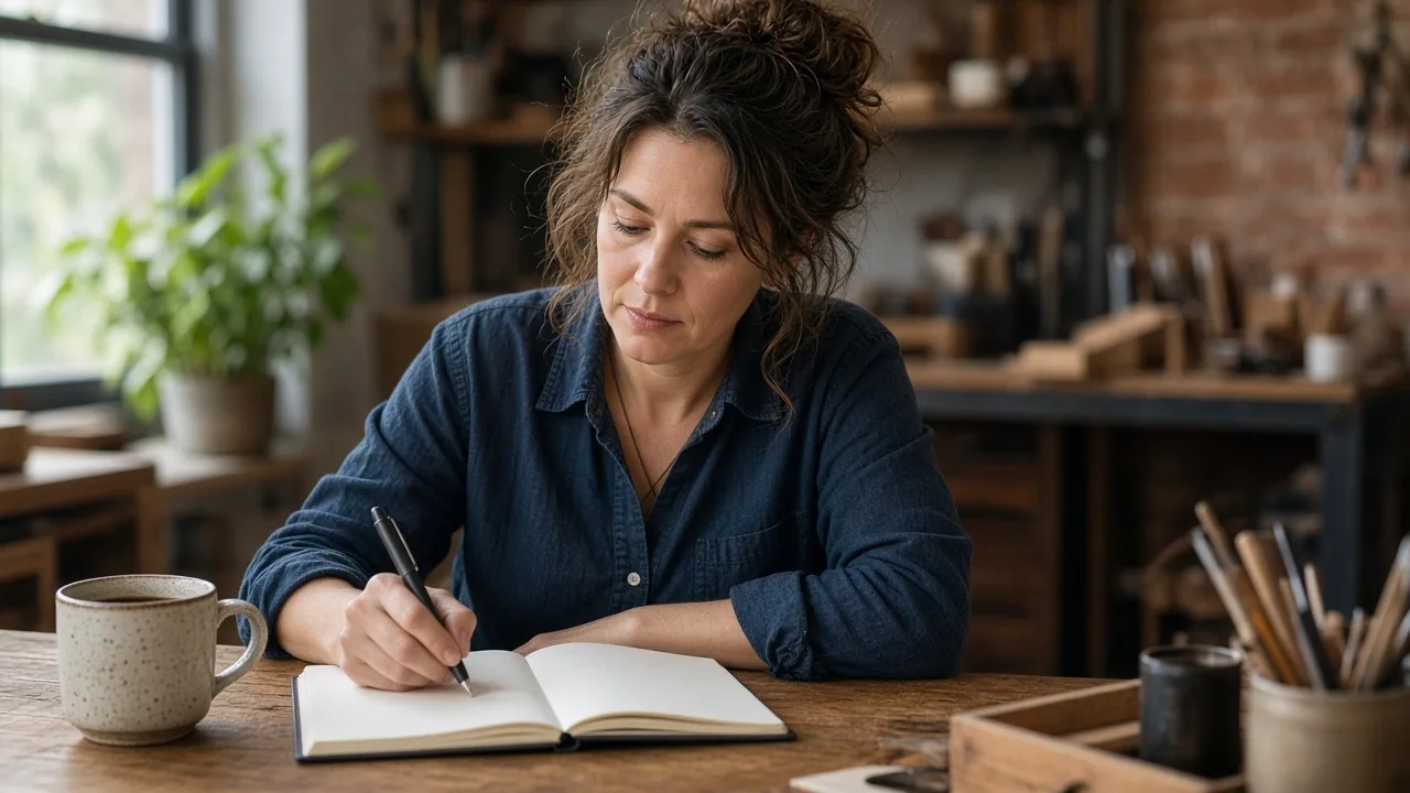 Business owner planning the year in a blank notebook at her desk