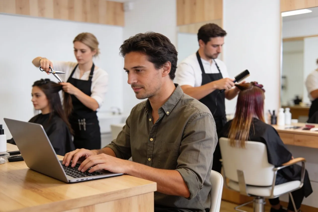 Small business owner running payroll on a laptop
