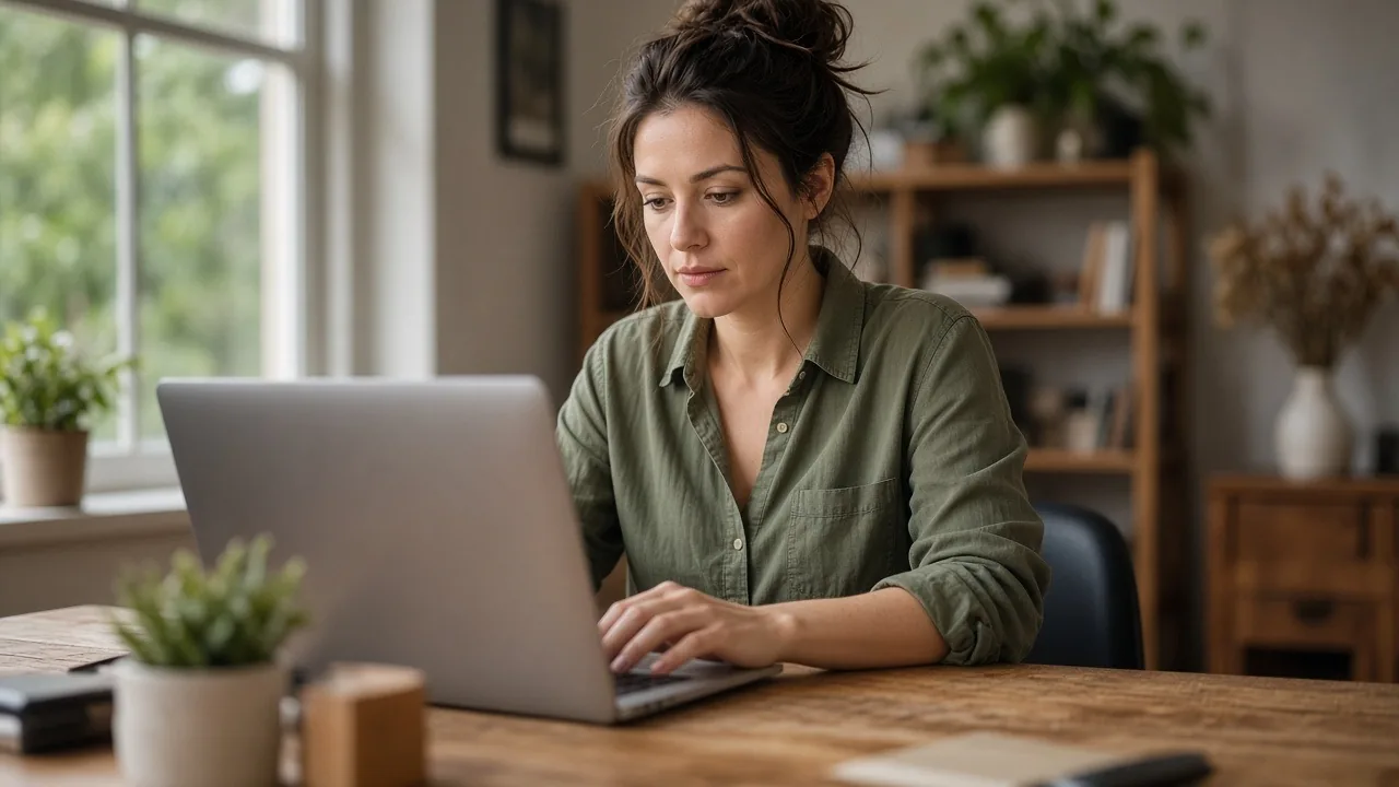 Small-business owner in a green linen shirt typing on a laptop at a wooden desk beside a bright window