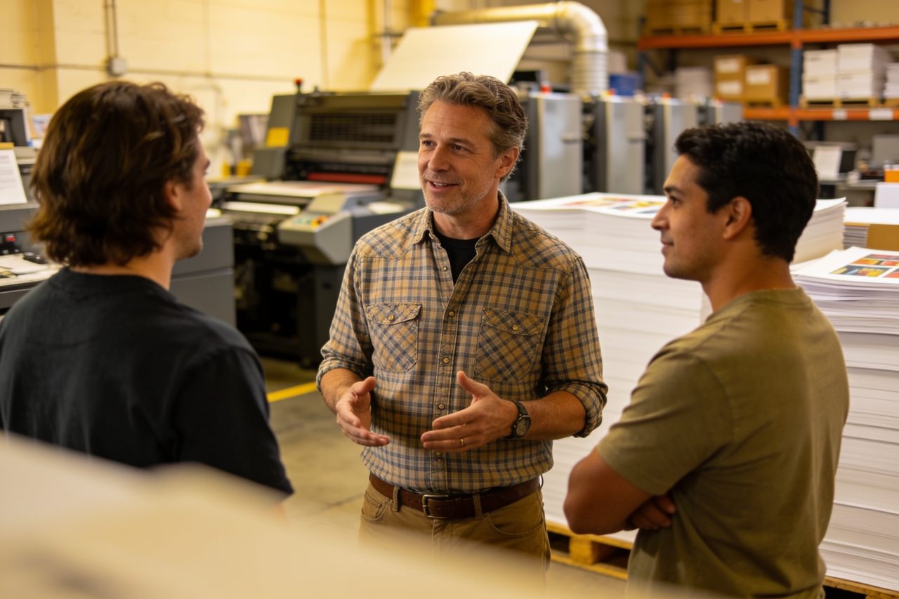 Print shop owner talking with two employees on the production floor