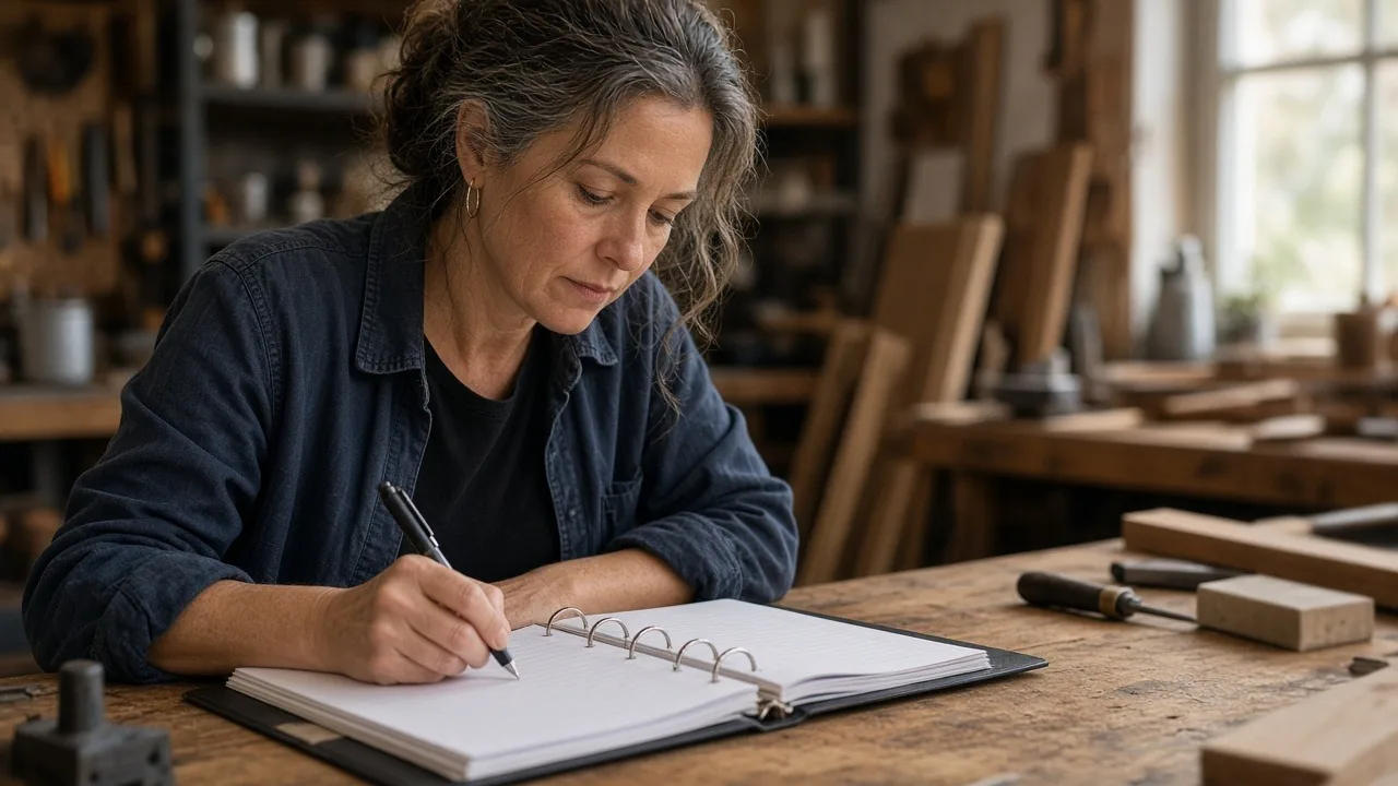 Workshop owner in a navy work jacket writing in a ring-bound ledger at a wooden bench while reviewing the business's books