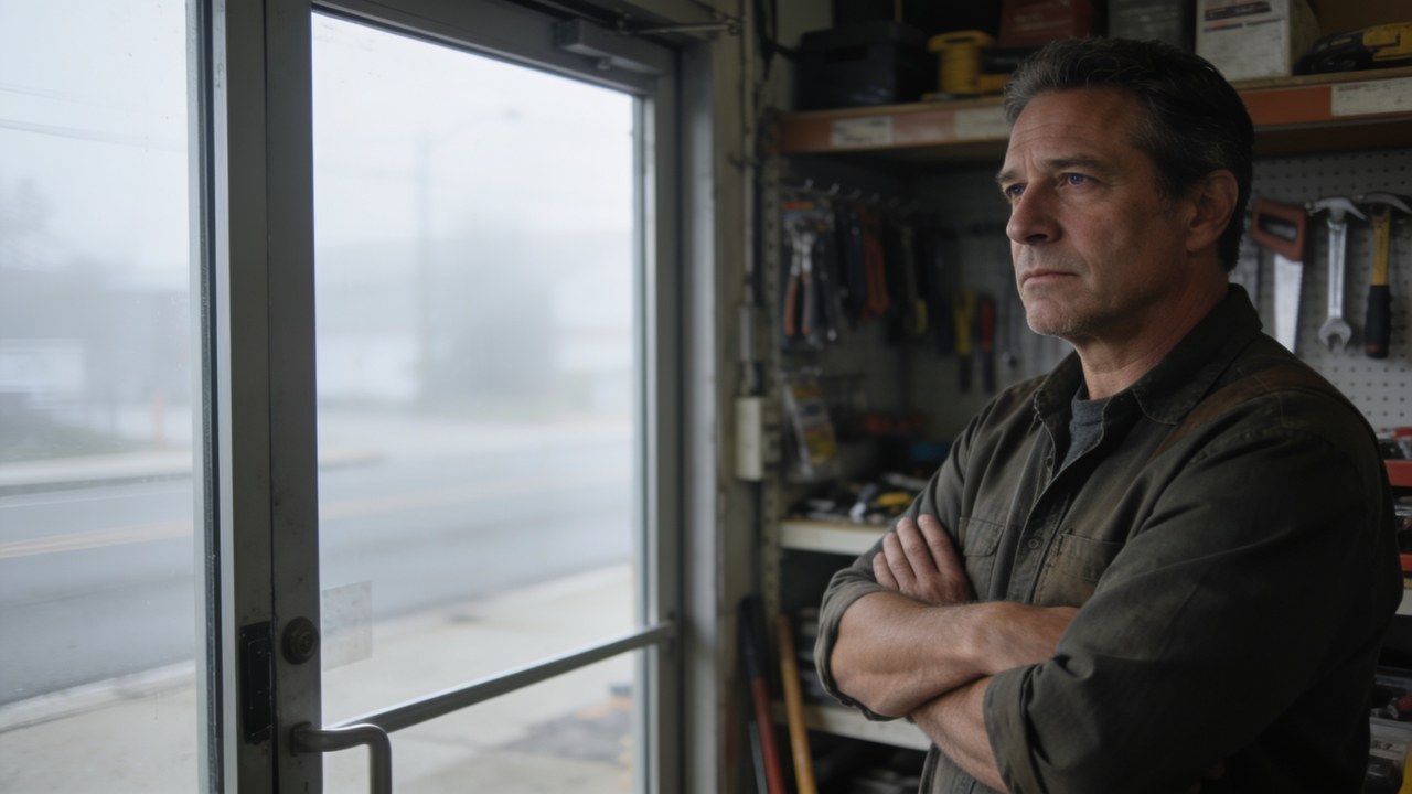 Small business owner standing inside his hardware shop at opening time looking out at a quiet street with a thoughtful expression
